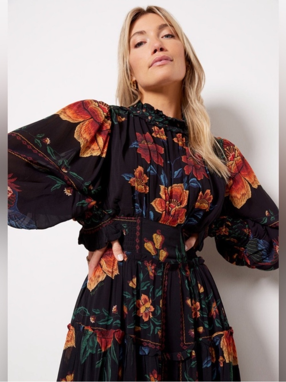Farm Rio Macaws Garden Floral Long Sleeve Midi Dress Size Medium - Picture 2 of 9